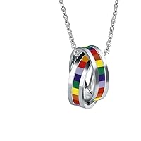 Stainless Steel Jewelry Unisex LGBT Pride Gay Lesbian Flag Rainbow Double Rings Pendant Necklace