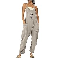 Womens Baggy Long Harem Pants, Spaghetti Strap Jumpsuit with Pockets, Casual Loose Fit Overalls Funny Graphic Pants