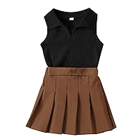 Girls Outfit Kids Toddler Child Infant Baby Girls Solid Sleeveless Ribbed Tops Vest Pleated Skirt 2PCS Set Outfits High Low (Black, 5-6 Years)