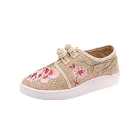 Women and Ladies Flower Embroidery Plus Size Casual Frog Traveling Sneaker Flat Shoes