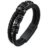 Leather Beads Bracelet Men Engraved Inspirational Adjustable Clasp Steel Waterproof Wristband Braided Rope Cuff Bangle Bracelets,19-21 Length (Send Gift Box)