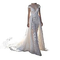 Women's Illusion Lace Bridal Ball Gowns Mermaid Wedding Dresses for Bride Long Detachable Train Plus Size