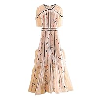 Summer Women Dresses Embroidery Elegant Lady Slim A-line Party Embroidered Sleeve Mesh Dress