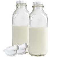 The Dairy Shoppe Heavy Glass Milk Bottles - Jugs with Lids and Silicone Pour Spouts - Clear Milk Containers for Fridge - Reusable Glass Milk Jug Dispenser - Made in USA (33.8 oz, 2 Pack)