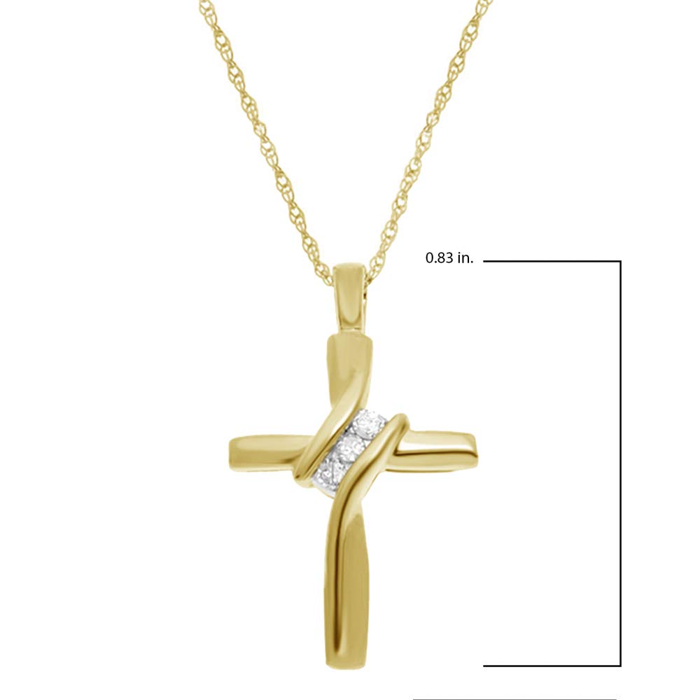 GILDED Small 10 Karat Yellow Gold Natural Round-Cut Diamond Accent 3 Stone Cross Pendant with an 18 Inch Chain