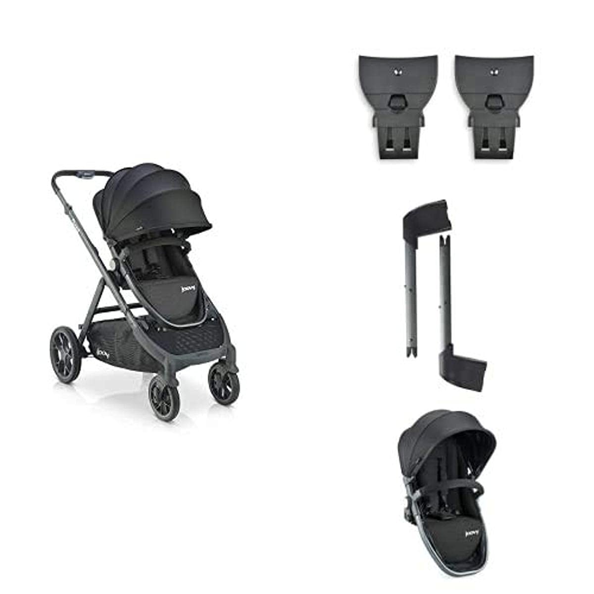Joovy Qool Double Stroller with 2 Britax/BOB B-Safe Car Seat Adapters + Qool Front Adapters + Second Seat, Twin Travel System, Black Melange