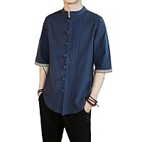 Summer Men's Short-Sleeve T-Shirt, Chinese Style, Casual Retro Top(Navy Blue,l)