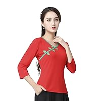 Cheongsam Women' Plus Size Summer Cotton Blend Fabric Splicing -Neck Sleeve Chinese Style Qipao Shirts