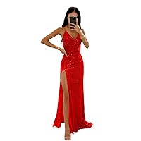 Women’s Glitter Sequin Prom Dresses with Slit Mermaid Backless Spaghetti Straps Formal Evening Party Gowns 2024 DE42