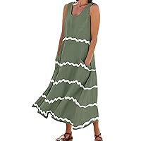 Summer Dresses for Women 2024 Printed Flowy Beach Dress with Pocket Sleeveless Trendy Dress Swing Lightweight Dresses