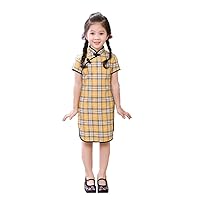 Summer Children Girl Plaid Cheongsam Chi-Pao Cotton Literary Style Dress