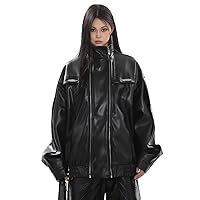 Women Leather Jacket Stand Collar Double Zipper Design Loose Coat Autumn Female Moto Outwear