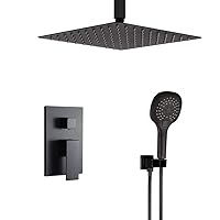 Matte Black Shower System Bathroom Luxury Rain Mixer Shower Faucet Set Ceiling Mount 12 Inch Shower Head and Handle Set with Handheld Shower Single Handle Shower Trim Kit with Rough-in Valve Body