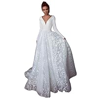 Women's Long Sleeve V Neck Spandex Lace Bridal Dress Tailing Backless Dance Wedding Dress