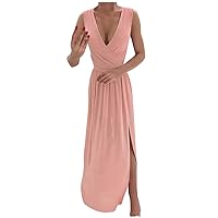 Ankle Length Summer Dresses for Women 2024 Sexy Low Cut High Split Elegant Party Dress Solid Sleeveless Maxi Dress