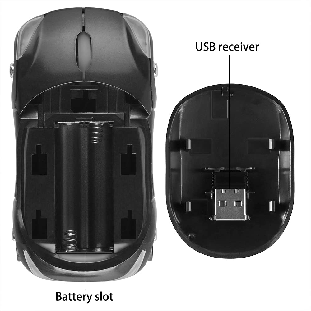 Colorful 3D Sport Car Shape Mouse 2.4GHz Wireless Mouse 1600DPI 3 Buttons Optical Ergonomic Gaming Mice with USB Receiver for PC Laptop Computer (Black)