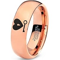 Heart and Lock Ring - Tungsten Band 8mm - Men - Women - 18k Rose Gold Step Bevel Edge - Yellow - Grey - Blue - Black - Brushed - Polished - Wedding - Gift Dome Flat Cut