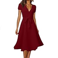Women Casual Dress Summer Dress V Neck Solid Color Polka Dot Print Dress Short Sleeve Lace Up Tie Dress