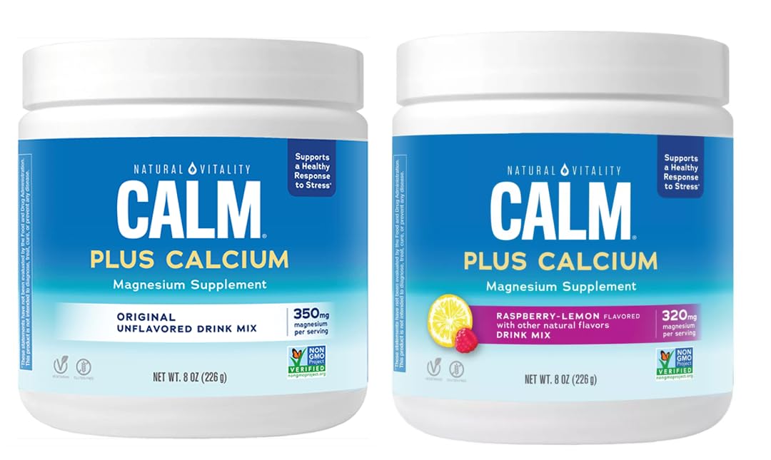 Natural Vitality Calm Plus Calcium Magnesium, Unflavored and Raspberry Lemon 8oz Bundle
