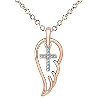 0.30Ct Created Round Cut Blue Topaz 925 Sterling Silver 14K Gold Finish Cross Angel Wing Pendant Necklace for Women's & Girl's