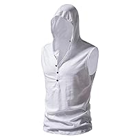 Mens Sleeveless Workout Hoodie V-Neck Henley Shirts Quick Dry Gym Hooded Tank Tops Summer Casual Muscle Hoodies