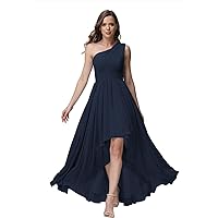 One Shoulder Bridesmaid Dresses High Low Chiffon Evening Formal Gown with Pockets
