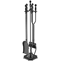 5 Pieces 31In Fireplace Tools Set, Wrought Iron Fireplace Tools with Ergonomic Handle, Fireplace Accessories Set Included Tong, Shovel, Base, Poker and Brush for Indoor & Outdoor (Black)