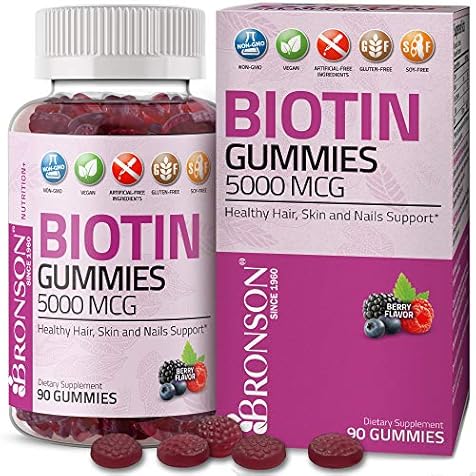 Bronson High Potency Biotin Gummies 5000 mcg Natural Hair Skin & Nails, Vegan Pectin-Based Non-GMO, 90 Gummies