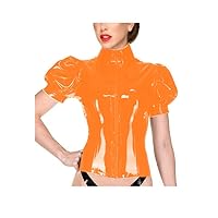 Plus Size Zipper Puff Sleeve Tops Lady Wet Look PVC Bodycon Blouse (Orange,L)