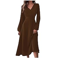 Women's Fall Dresses Autumn and Winter Casual Fashion V-Neck Long Sleeve Solid Color Dress, S-2XL