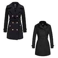 wantdo Women's Double-Breasted Pea Coats Black XL Women Long Trench Coat Black M