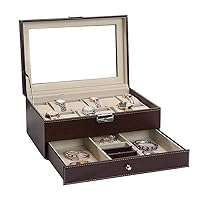 Jewelry Watch Box Organizer Double Layer Wristwatch Box Basic Brown Watch Case Display Box with Glass Top Lid Holds 12 Watches