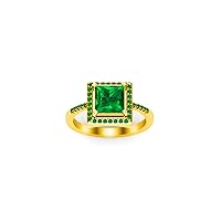 14K Yellow Gold Plated 2.00 Ctw Princess Cut Lab Created Green Emerald Halo Engagement Wedding Ring For Womens & Girls
