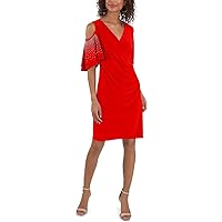 MSK Womens Red Stretch Embellished Cold Shoulder Ruched Pullover Flutter Sleeve Surplice Neckline Above The Knee Party Sheath Dress S