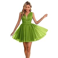 V-Neck Tulle Short Homecoming Dresses Sparkly Bead Spaghetti Straps A-Line Cocktail Dresses