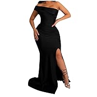 Elegant Wedding Guest Dress for Women Sexy One Shoulder Ruched Bodycon Maxi Dresses High Split Formal Evening Party Ball Gown