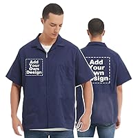 TopTie Add Your Logo Men's Zip Front Smock Short-Sleeve Zippered Work Shirt Utility Jacket, Heat Transfer Logo