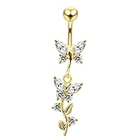 Gold Plated Clear CZ Stone Twin Butterfly 925 Sterling Silver Belly Button Ring