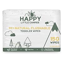 Happy Little Camper Natural Flushable Wipes - Hypoallergenic Wet Wipes with Aloe Vera, Chamomile and Pomegranate Extract - Unscented Baby Wipes Safe for Sensitive Skin - 150 Count (3 Packs of 50)