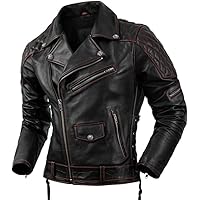 Men's Black Vintage Genuine Cowhide Leather Biker Bomber Cafe Racer Retro Slim Zip-up Motorcycle Jacket