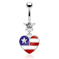 Prong Star Dangle WildKlass Navel Ring Epoxy Heart Shaped American Flag 316L Surgical Steel (Sold by Piece)