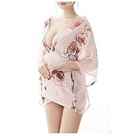 Women Summer Ultra-Thin Temptation Pajamas Sweet Japanese Kimono Yukata Set Cosplay Uniform Nightgown(Sweet Powder) Light Pink