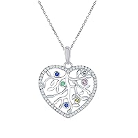 Silver Roots Upside Down Tree of Life Charm Colored CZ Leaves Sterling Silver Heart Shape Pendant Necklace