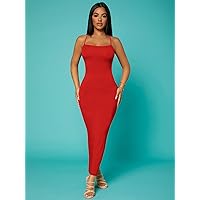 Women's Dress Solid Criss-Cross Backless Bodycon Dress Dress for Women (Color : Red, Size : X-Small)