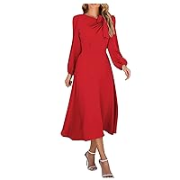Dresses for Women Wedding Guest, Women's Solid Color Round Neck A-Line Long Sleeve Midi Dress