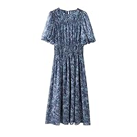 Women's Starry Sky Blue Short-Sleeved Floral Dress Mature Long Dress Two-Piece Skirt