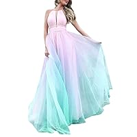 Womens Colorful Prom Dress Elegant Spaghetti Strap Halter Beach Wedding Dresses Flowy Boho Long Evening Party Dress