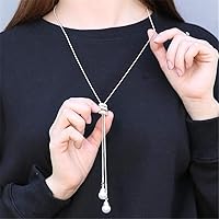 Simulated Pearl Crystal Long Sweater Chain Circles Necklace Vintage Accessary Crystal Collares Statement Jewlery (Silver)