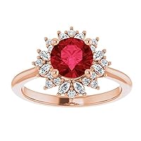 Round Cut 1.5 CT Star Burst Ruby Ring 925 Silver/10K/14K/18K Solid Gold Halo Red Ruby Ring Flower Engagement Ring, Snow Flake Ruby Diamond Ring July Birthstone Rings