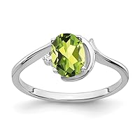 Solid 14k White Gold 7x5mm Oval Peridot Green August Gemstone Checker VS Diamond Engagement Ring (.01 cttw.)